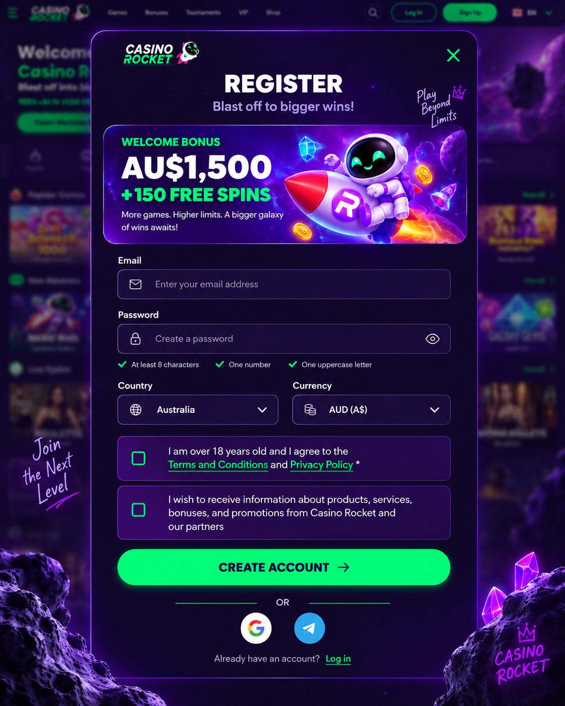Rocket Casino registration process